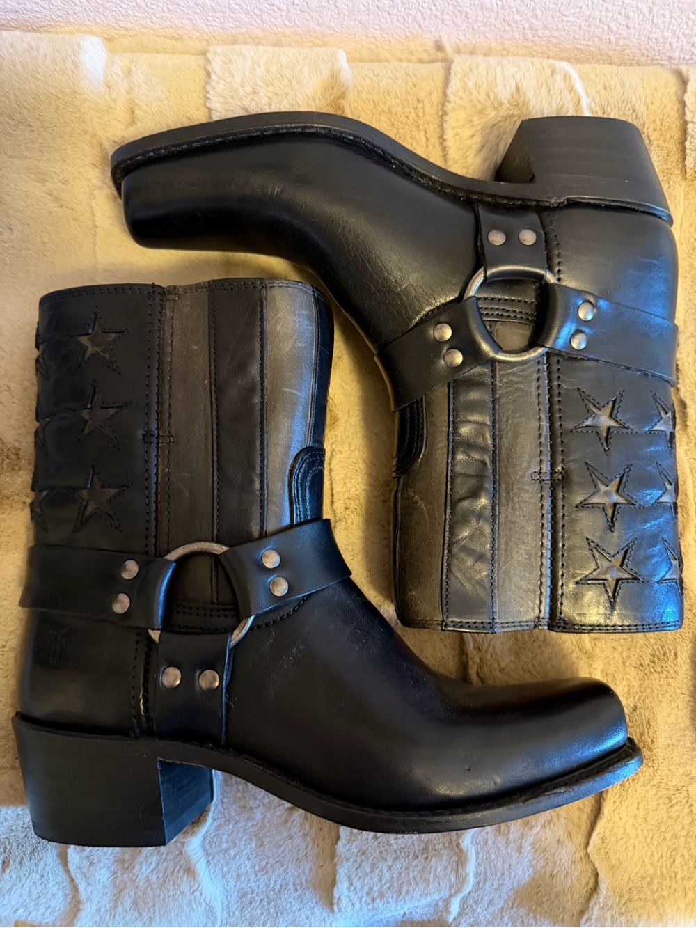 Frye Black Leather Star-Embossed Harness Boots